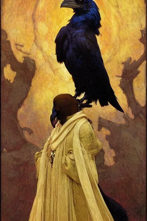 Image similar to an anthropomorphic raven dressed as a renaissance lord , by Annie Swynnerton and Nicholas Roerich and jean delville and Gaston Bussière, iridescent beetles, rich color, dramatic cinematic lighting, featured on Artstation, extremely detailed