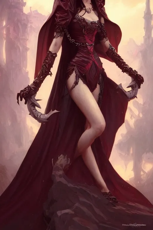 Image similar to beautiful vampire female princess, full body shot, fangs showing, d & d, fantasy, intricate, elegant, highly detailed, digital painting, artstation, concept art, matte, sharp focus, illustration, hearthstone, art by artgerm and greg rutkowski and alphonse mucha