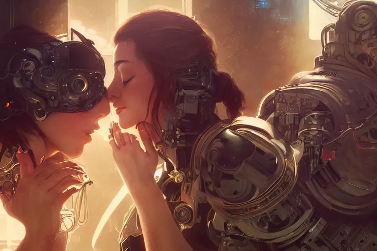 Image similar to Ultra realistic illustration, two women kissing a robot, cyberpunk, sci-fi, fantasy, intricate, elegant, highly detailed, digital painting, artstation, concept art, smooth, sharp focus, illustration, art by artgerm and greg rutkowski and alphonse mucha