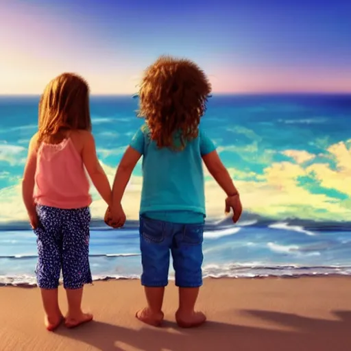 Prompt: hippie style dad and mom standing on the ocean and looking at the ocean holding hands with two kids, boy 1 year old, girl 3 years old, back view, high detail, 8 k, artstation trending,