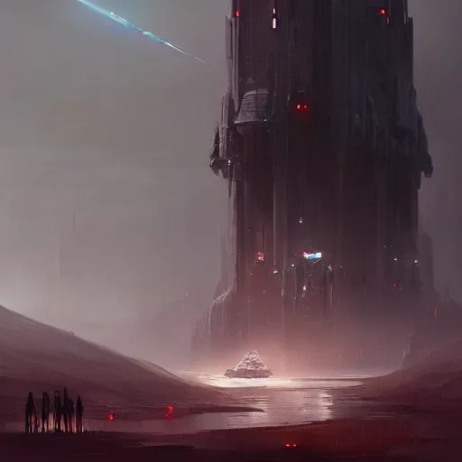 Prompt: star wars concept art by greg rutkowski, a palatial and imposing technological dark tower in the middle of a highland landscape, enigmatic atmosphere, beautiful and cinematic lighting, artstation hq.