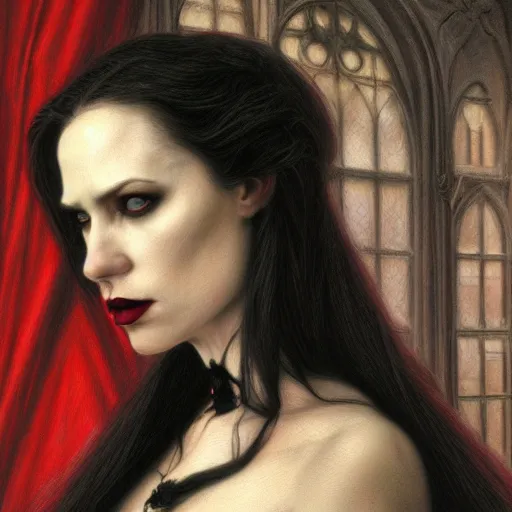 Image similar to portrait of a lady vampire, 35mm, victorian, depth of field, ominous, sharp, highly detailed, photorealistic, realistic, unreal 5, high definition, 8k, deviantart, donato giancola, irwin penn