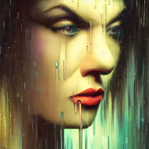 Image similar to detailed face of a woman, moment, cyberpunk cloisters, electronic billboards, tech noir, wet reflections, prism, atmospheric, ambient, pj crook, syd mead, livia prima, greg rutkowski, edward hopper