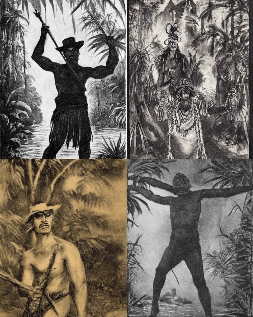 Prompt: medium shot of tribal magician man ,. background: jungle river, very heavy vignette!!!, dramatic dark ,1900s picture