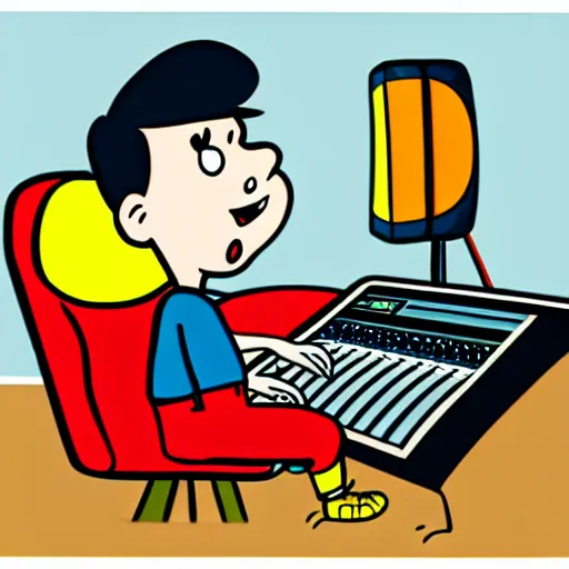 Image similar to cartoon illustration of a kid on a music studio mixing console in the style of The Beano
