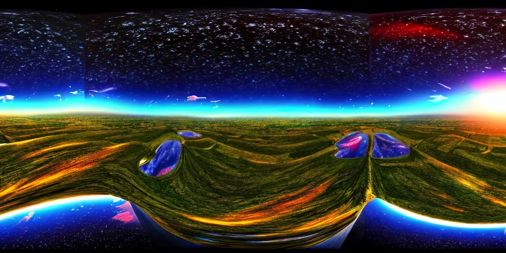 Image similar to equirectangular panorama landscape multiverse, trending on artstation, cinematic composition, beautiful lighting, hyper detailed, 8 k, oil on canvas