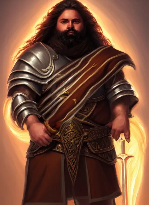 Image similar to a _ fantasy _ style _ portrait _ painting _ of esfandtv light brown male holy paladin with long wavy brown hair chubby and beard, hammer weapon, rpg dnd oil _ painting _ unreal _ 5 _ daz. _ rpg _ portrait _ extremely _ detailed _ artgerm _ greg _ rutkowski _ greg