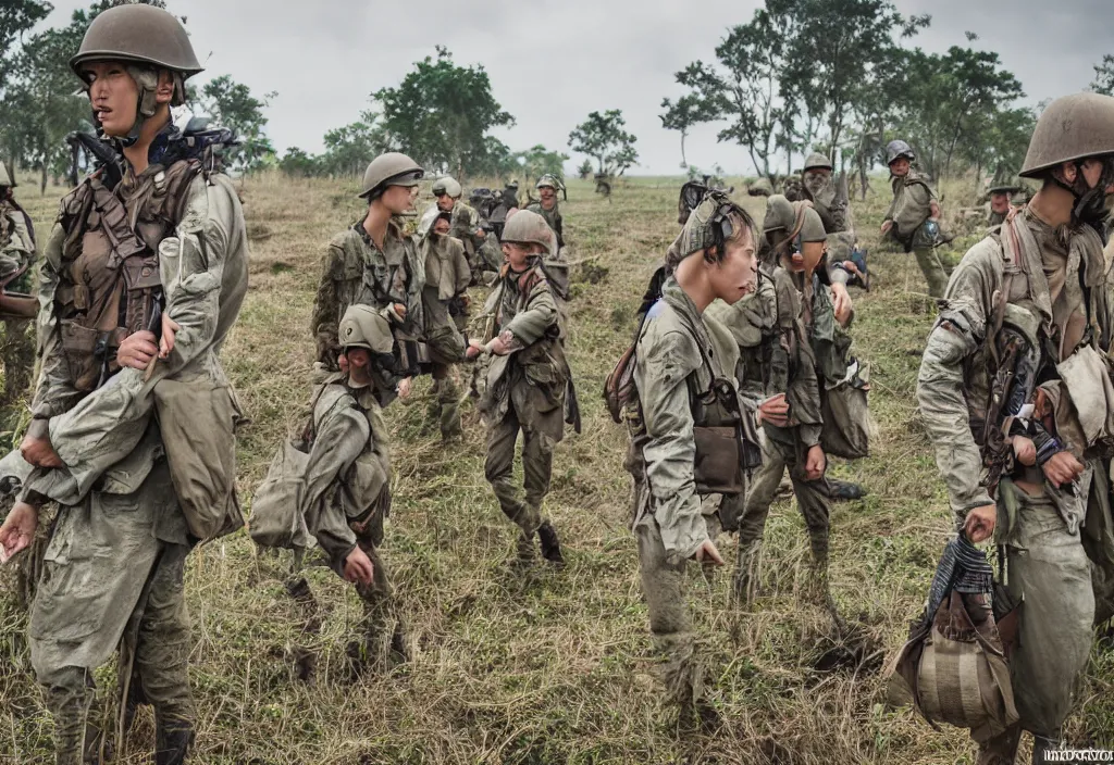 Image similar to fashion editorial in Vietnam war battlefield. wide angle shot. highly detailed.