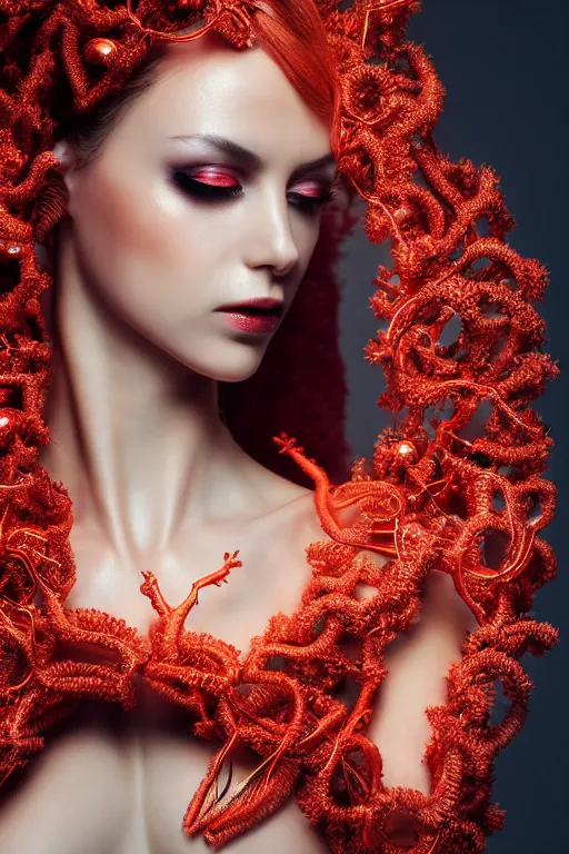 Prompt: beautifull cyberpunk woman model, wearing organic coral outfit, gold tendrils, luxury materials, symmetrical, cinematic, elegant, professional studio light, real dlsr photography, sharp focus, 4 k, ultra hd, sense of awe, high fashion