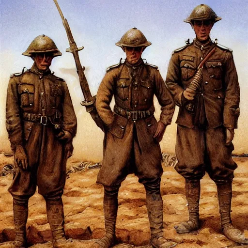 Image similar to ultra detailed photorealistic sepia - toned painting from 1 9 1 7, three british soldiers standing at an archaeological dig site in wadi rum, ultra realistic, painted, intricate details, lovecraft, atmospheric, dark, horror, brooding, highly detailed, by angus mcbride