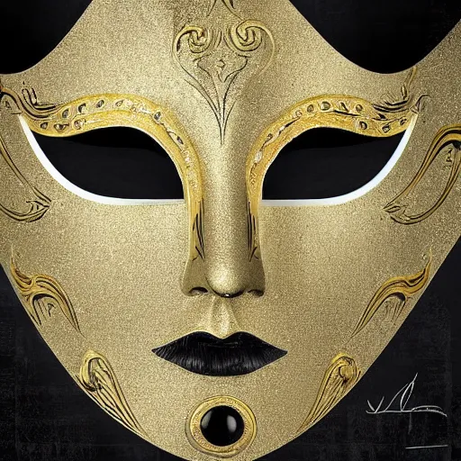 Image similar to a white - and - gold venetian mask emerging from thick black paint, digital art