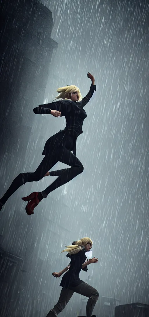 Image similar to beautiful annie leonhart running on high heels in dunwall city, redshift render, beautiful face, detailed face, cinematic lighting, rainy weather, melancholy atmosphere, volumetric light, octane render, dishonored 1, gothic architecture, realistic reflections, octane render 8 k