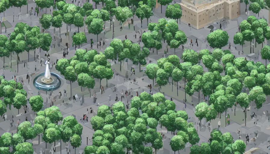 Image similar to city art of green crowded square with trees and a fountain in a middle of white city with buildings and office around, hyperdetailed, artstation, cgsociety, 8 k