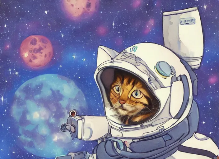 Image similar to painting of a cat dressed as an astronaut with helmet, cute, calico, stars, galaxies, planets, moons, overwatch, winston, stuido ghibli, kotaro mori