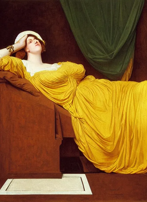 Image similar to masterpiece portrait of lady reclining on bed wearing yellow ochre ornate medieval dress, vertical, foreshortening, colour photography by frederic leighton, william morris, 8 k