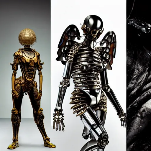 Image similar to still frame from Prometheus movie by Makoto Aida, biomechanical vespa angel gynoid, metal couture by neri oxmn by Guo pei by giger, editorial by Malczewski and by Caravaggio