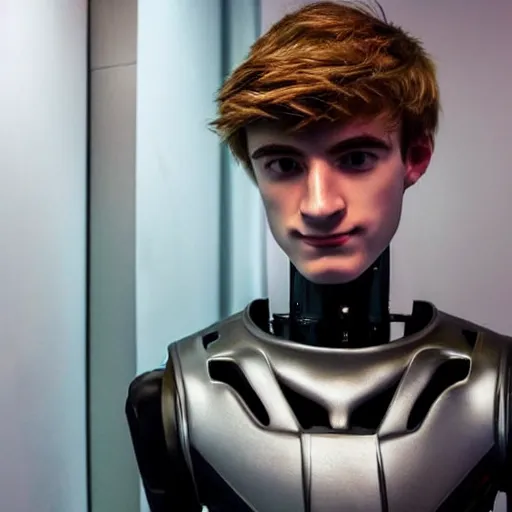 Image similar to “a realistic detailed photo of a guy who is an attractive humanoid who is half robot and half humanoid, who is a male android, twitch streamer Ninja Tyler Blevins, shiny skin, posing like a statue, blank stare, gaming room, close up”