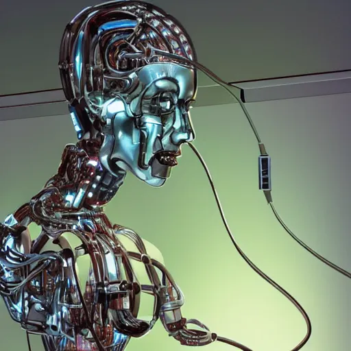 Image similar to the upper torso of a terminator cyborg lady with borg implants, human face and robotic snakes coming out of her head. She is hanging from cables and wires off the ceiling of an abandoned lab and plugged into a server computer. Her bottom half is missing with cables hanging out. She is taking a sip from a cup of coffee. Tiny green led lights in her cybernetics. very detailed 8k. Horror cyberpunk style.