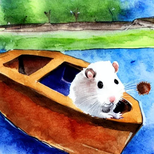 Image similar to A hamster made out of iron in a boat on a river, watercolors by 5 year old