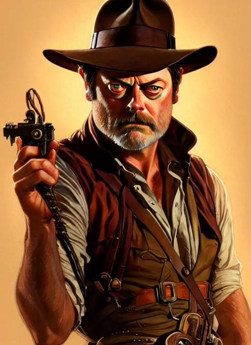 Prompt: portrait of nick offerman as indiana jones, intricate, elegant, highly detailed, digital painting, artstation, concept art, smooth, sharp focus, illustration, art by artgerm and greg rutkowski and alphonse mucha