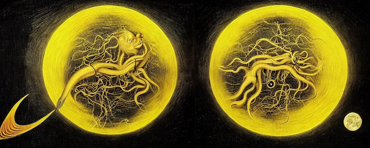 Prompt: a surreal creature with a mouth of gold radiates a unique canto'as above so below'to the moon, while being ignited by the spirit of haeckel and robert fludd, breakthrough is iminent, glory be to the magic within, in honor of saturn, painted by ronny khalil