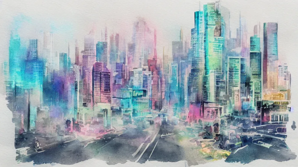 Prompt: watercolor mockup of modern future city, quick aquarelle painting