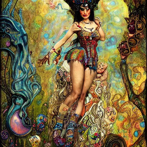 Image similar to cleopatra in alice in wonderland tripping on lsd, intricate detail, painting, royo, frazetta, whealan, klimt,