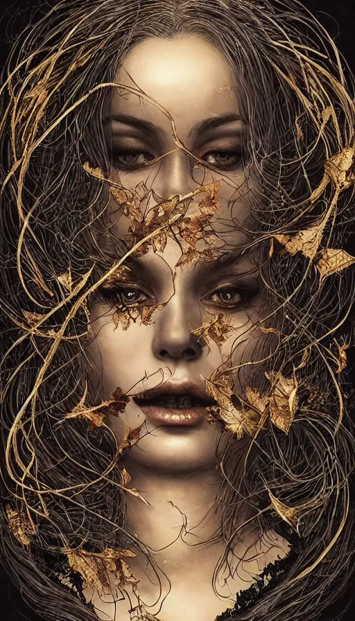 Image similar to black elegant, golden leaves at frame border, creative!!! composition for a book cover!!!, absurdly beautiful, ultrafine hyperrealistic detailed old witch face by wlop and artgerm and greg rutkowski, intricate linework, sharp focus, smooth, octopath traveler, final fantasy, unreal engine, dramatic lighting, ethereal, 8 k
