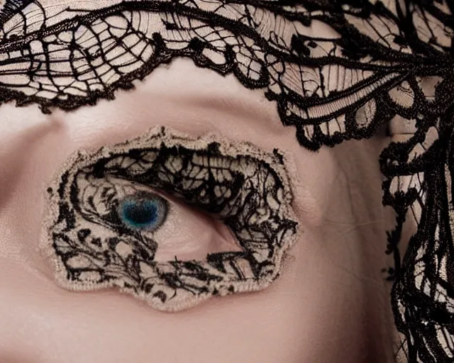 Image similar to extreme close up of a woman's eye, made of intricate decorative lace leaf skeleton, in the style of the dutch masters and gregory crewdson, dark and moody