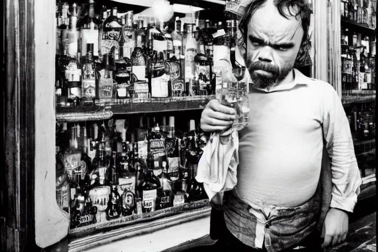 Image similar to peter dinklage robbing a liqour store, in the style of eugene atget and peter witkin