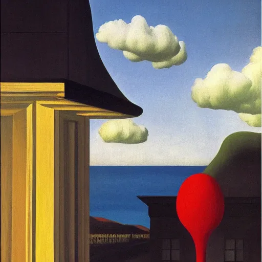 Image similar to devil in disguise, oil painting by rene magritte and edward hopper