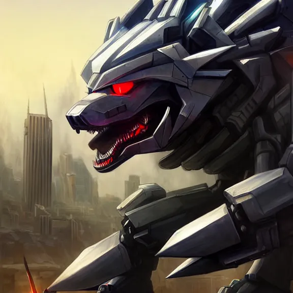 Prompt: hyper realistic, epic, highly detailed cinematic full body shot of a gigantic feral mecha canine, sharp metal claws, cannon mounted on back, sleek armor, glowing visor, destroying city, digital art, furry art, dragon art, zoids art, furaffinity, deviantart, sofurry