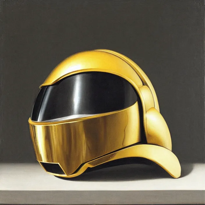 Prompt: still life painting of a daft punk helmets by pieter claesz, oil on canvas, strong lighting, highly detailed, hyper realism, golden hour, god rays, hd, 4 k