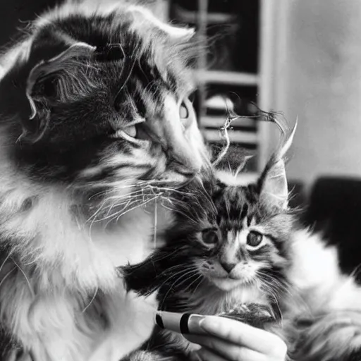 Prompt: close up of a maine coon kitten smoking a sigar, ww 2, black & white