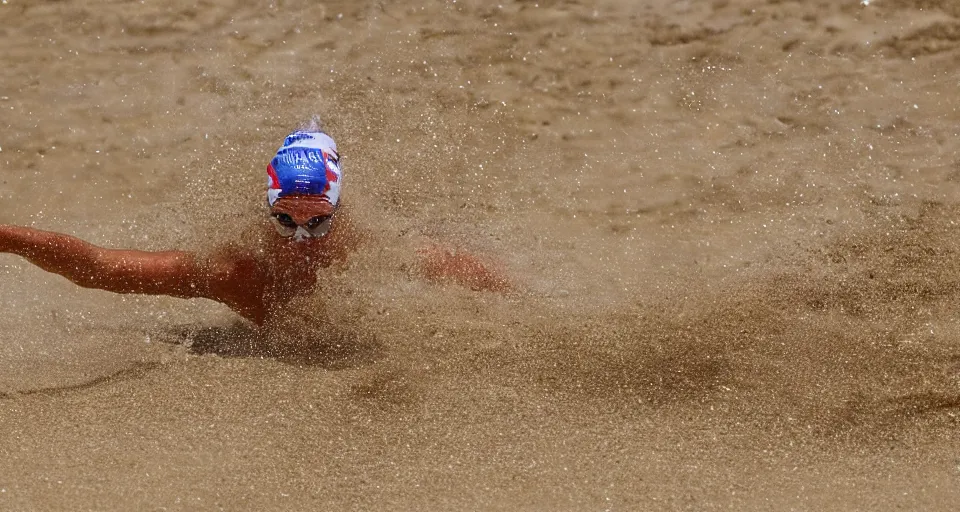 Image similar to olympic swimming in sand instead of water, extremely coherent, motion blur