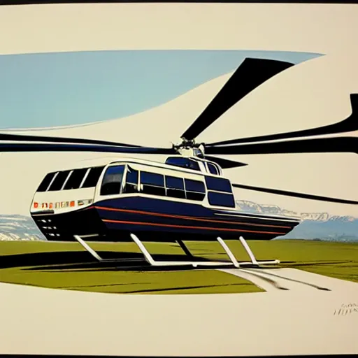 Image similar to concept art for bus + helicopter, painted by syd mead, high quality