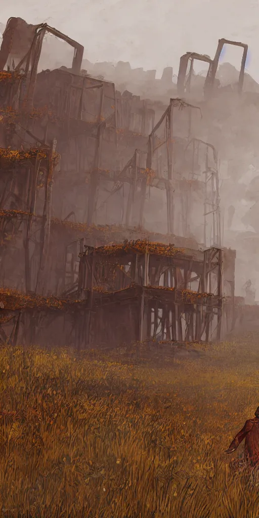 Image similar to rusty broken building constructions of a giant staircase, the ruins, in the steppe, autumn field, misty background, from the game pathologic 2, highly detailed, sharp focus, matte painting, by isaac levitan and asher brown durand,