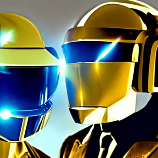 Image similar to Daft Punk standing above a spaceship in space, spaceship seen from far away, realistic, high quality