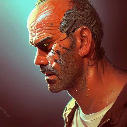 Image similar to trevor philips face made of noodles, highly detailed, digital painting, artstation, concept art, smooth, sharp focus, illustration, art by artgerm and greg rutkowski and alphonse mucha