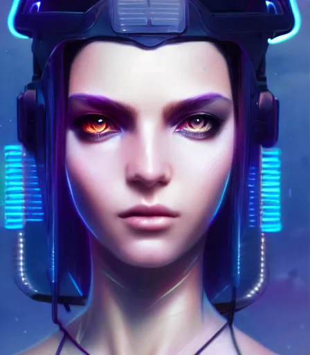 Prompt: beautiful portrait of a cyberpunk goddess who looks like Emily Ratakowski , character design by charlie bowater, ross tran, artgerm, and makoto shinkai, detailed, soft lighting, rendered in octane