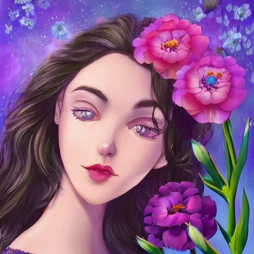 Image similar to a picture of a dreaming woman with flowers grow out of hair, roses peonies forget-me-nots dahlias lupins gladioli, sky theme in background, Digital Art, Trending on artstation