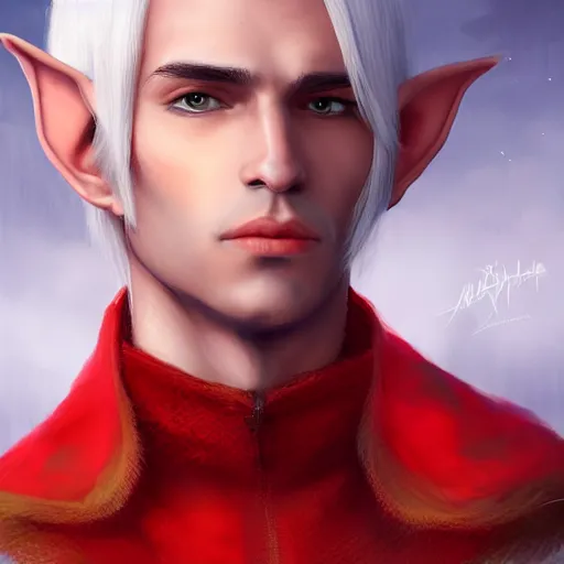 Prompt: a highly detailed portrait of a male elf with white hair, in red clothes, artstation, deviantart, professional, photorealistic