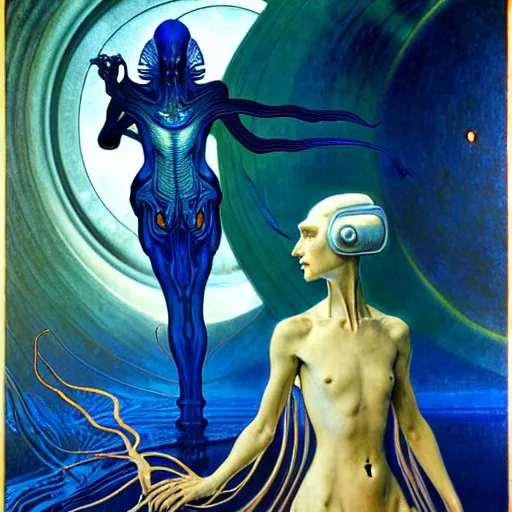 Image similar to realistic extremely detailed portrait painting of a ghost silhouette, futuristic sci-fi landscape on background by Jean Delville, Amano, Yves Tanguy, Alphonse Mucha, Ernst Haeckel, Edward Robert Hughes, Roger Dean, rich moody colours, blue eyes