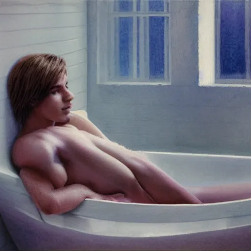 Prompt: justim bieber laying in a bathtub filled with milk, cinematic, cottage core, cinematic focus, polaroid photo bleached vintage pastel colors high - key lighting, soft lights, foggy, by steve hanks, by lisa yuskavage, by serov valentin, by tarkovsky, 8 k render, detailed, oil on canvas