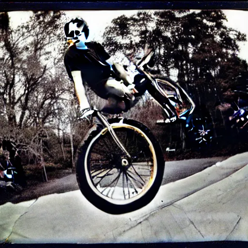 Prompt: Polaroid of Don Johnson doing a stoppie on his mongoose BMX with skyway mag wheels