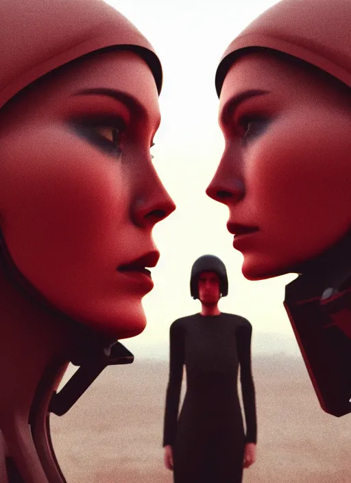 Image similar to cinestill 5 0 d photographic portrait of two loving female androids wearing rugged black techwear standing in front of a brutalist structure on a desolate plain with a red sky, extreme closeup, cyberpunk style, dust storm, 8 k, hd, high resolution, 3 5 mm, f / 3 2, ultra realistic faces, ex machina