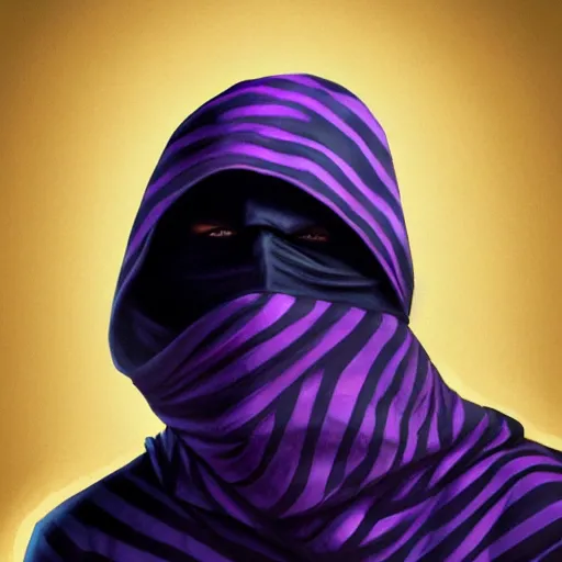 Prompt: ultra realistic illustration, man in a black hood, in a striped purple balaclava, mysterious, highly detailed, digital painting, artstation, concept art, smooth, sharp focus, illustration