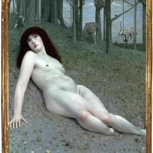 Image similar to And what rough beast, its hour come round at last, slouches towards Bethlehem to be born?, painted by Fernand Khnopff
