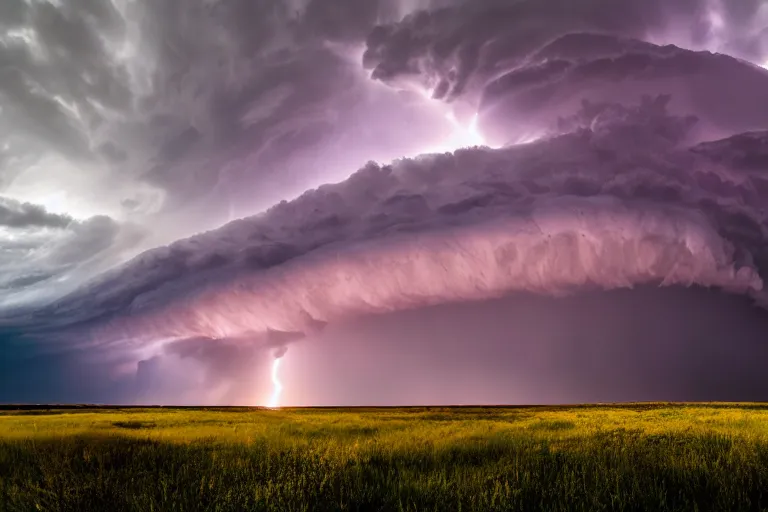 Image similar to a photo of a supercell thunderstorm, serene environment, illuminated from various angles by the setting sun, cinematic