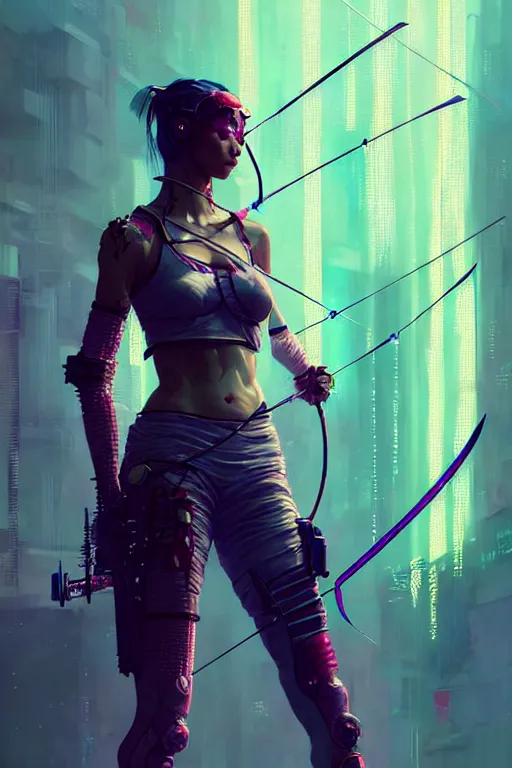 Image similar to female archer, cyberpunk futuristic neon. fencing, long sword in her hand, decorated with traditional japanese ornaments by ismail inceoglu dragan bibin hans thoma greg rutkowski alexandros pyromallis nekro rene maritte illustrated, perfect face, fine details, realistic shaded, fine - face, pretty face, masterpiece